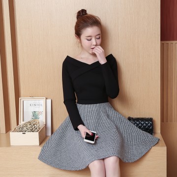 TE8702XBFS Korean fashion slim sexy off shoulder boat neck houndstooth dress