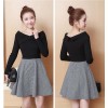 TE8702XBFS Korean fashion slim sexy off shoulder boat neck houndstooth dress