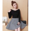 TE8702XBFS Korean fashion slim sexy off shoulder boat neck houndstooth dress