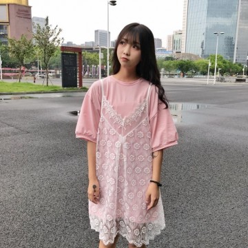 TE9130BGFS Preppy Loose long short sleeve t-shirt with fresh lace gallus dress