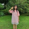 TE9130BGFS Preppy Loose long short sleeve t-shirt with fresh lace gallus dress