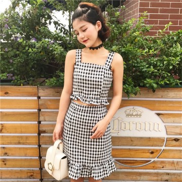 TE9768YSFS Off shoulder checked gallus tops with fishtail skirt