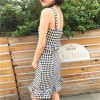 TE9768YSFS Off shoulder checked gallus tops with fishtail skirt