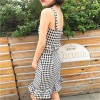 TE9768YSFS Off shoulder checked gallus tops with fishtail skirt