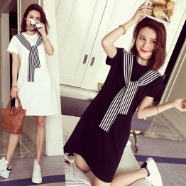 TE101XGM Preppy style stripes scarf long t-shirt dress