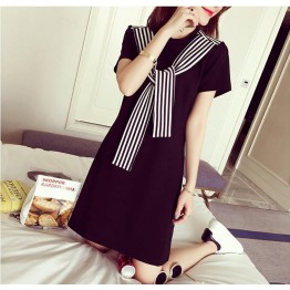 TE101XGM Preppy style stripes scarf long t-shirt dress