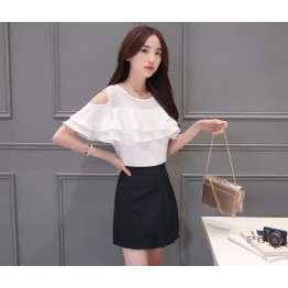 TE5028XBFS Summer pure color off shoulder flouncing chiffon tops with skirt