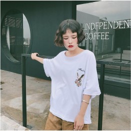 TE6305GZF Loose eagle embroidery hollow out back t-shirt