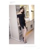 TE9243WMSS Black empire waist boat neck off shoulder sexy slit front tight hip dress