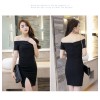 TE9243WMSS Black empire waist boat neck off shoulder sexy slit front tight hip dress