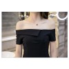 TE9243WMSS Black empire waist boat neck off shoulder sexy slit front tight hip dress