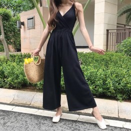 TE9150BSFS Slim v neck suspender drawstring waist knitting wide leg jumpsuit