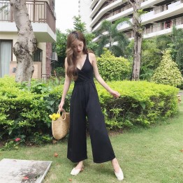 TE9150BSFS Slim v neck suspender drawstring waist knitting wide leg jumpsuit