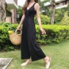 TE9150BSFS Slim v neck suspender drawstring waist knitting wide leg jumpsuit