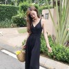 TE9150BSFS Slim v neck suspender drawstring waist knitting wide leg jumpsuit