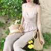 TE9150BSFS Slim v neck suspender drawstring waist knitting wide leg jumpsuit