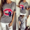 TE3096YZS Red lips pailette print zipper back cotton t-shirt