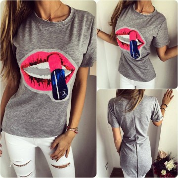 TE3096YZS Red lips pailette print zipper back cotton t-shirt