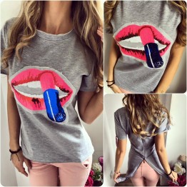 TE3096YZS Red lips pailette print zipper back cotton t-shirt