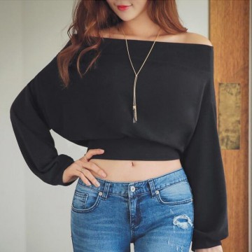 TE6546YZS Joker loose batwing sleeve boat neck off shoulder empire waist short fleece