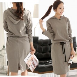 TE6547YZS Drawstring waist long sleeve slit back fleece dress with cap