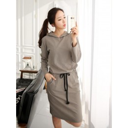 TE6547YZS Drawstring waist long sleeve slit back fleece dress with cap