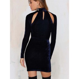 TE8737HRCL Sexy pleuche turtleneck hollow out slim tight hip long sleeve dress