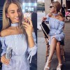 TE8914HRCL Euramerica fashion sexy stripes boat neck long sleeve bowknot dress