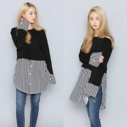 TE6543YZS Large size stripes hem splicing long sleeve shirt