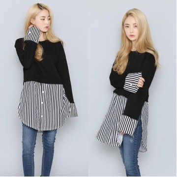 TE6543YZS Large size stripes hem splicing long sleeve shirt