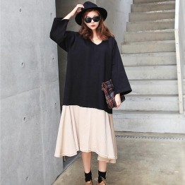 TE6544YZS Large size batwing sleeve splicing contract color flouncing v neck dress