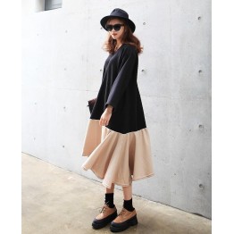 TE6544YZS Large size batwing sleeve splicing contract color flouncing v neck dress