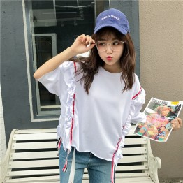 TE9357HLL Korean fashion flouncing loose round neck half sleeve t-shirt