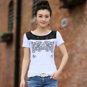 TE0816WSSP Fashion lace splicing embroidery short sleeve T-shirt