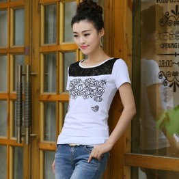 TE0816WSSP Fashion lace splicing embroidery short sleeve T-shirt