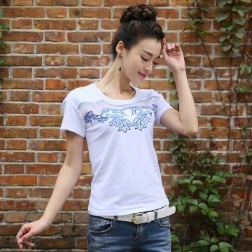 TE0819WSSP Fashion mesh splicing embroidery short sleeve T-shirt