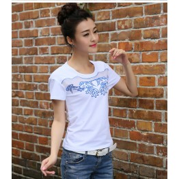 TE0819WSSP Fashion mesh splicing embroidery short sleeve T-shirt