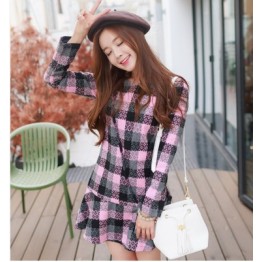 TE1065AKFS Korean fashion checks flouncing woolen dress