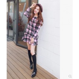 TE1065AKFS Korean fashion checks flouncing woolen dress