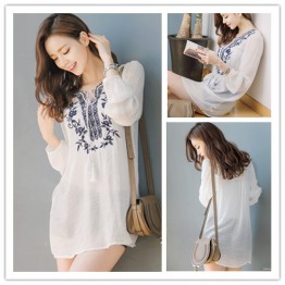 TE1394GJ Japanese fashion casual v-neck embroidery long shirt