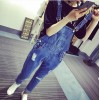 TE1113DXE Preppy style wear out loose denim overalls