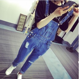 TE1113DXE Preppy style wear out loose denim overalls