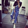 TE1113DXE Preppy style wear out loose denim overalls