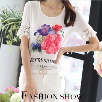 TE1520WSSP Fashion print lace splicing short sleeve chiffon shirt