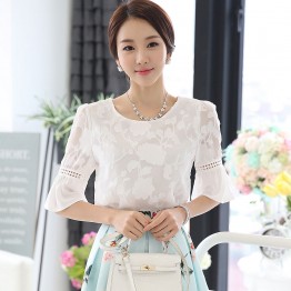 TE1525WSSP New style lace jacquard chiffon splicing puff sleeve tops