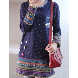 TE255LLNR Dot national style embroidery splicing long t-shirt