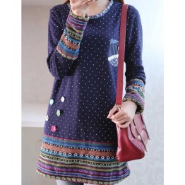 TE255LLNR Dot national style embroidery splicing long t-shirt