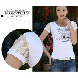 TE3113WSSP Summer fashion simple print lace short sleeve T-shirt