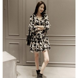 TE3205MY Vintage print loose ramie cotton long sleeve dress