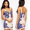 TE3388WYN Sexy blue and white porcelain print backless tight hip vest dress